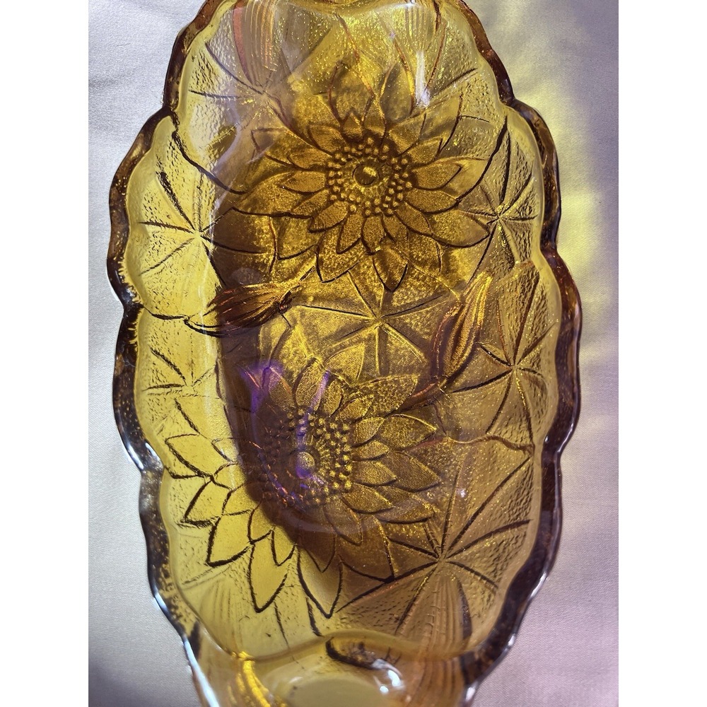 INDIAN GLASS AMBER OVAL SUNFLOWER GLASS DISH HOLIDAY READY (143-144)